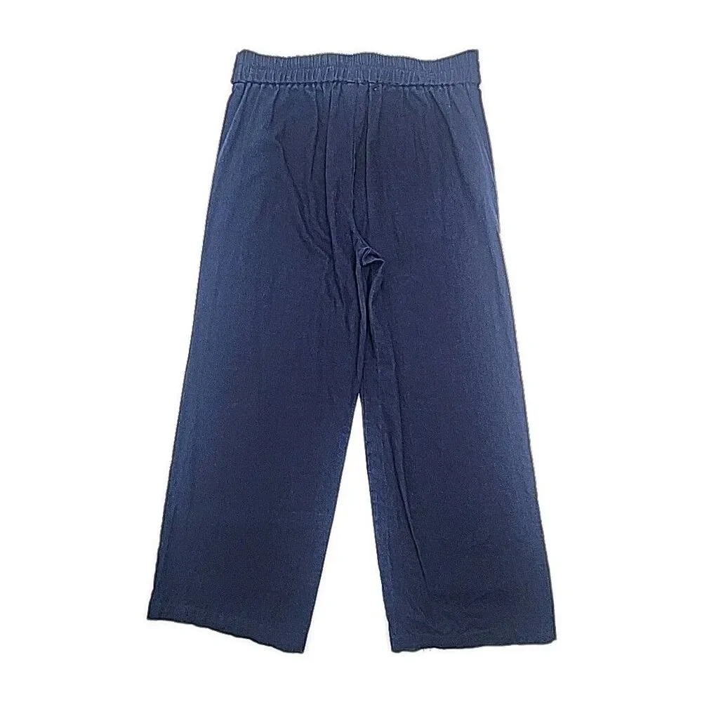 J Crew Pants Linen Blend Blue Wide Leg Elastic Waist Tie Women Size 6 Pull-On